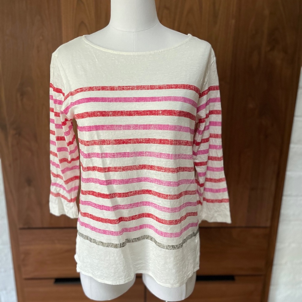 Majestic Filatures - Sz 2-Med - 3/4 sleeve White w/ pink stripe Linen top